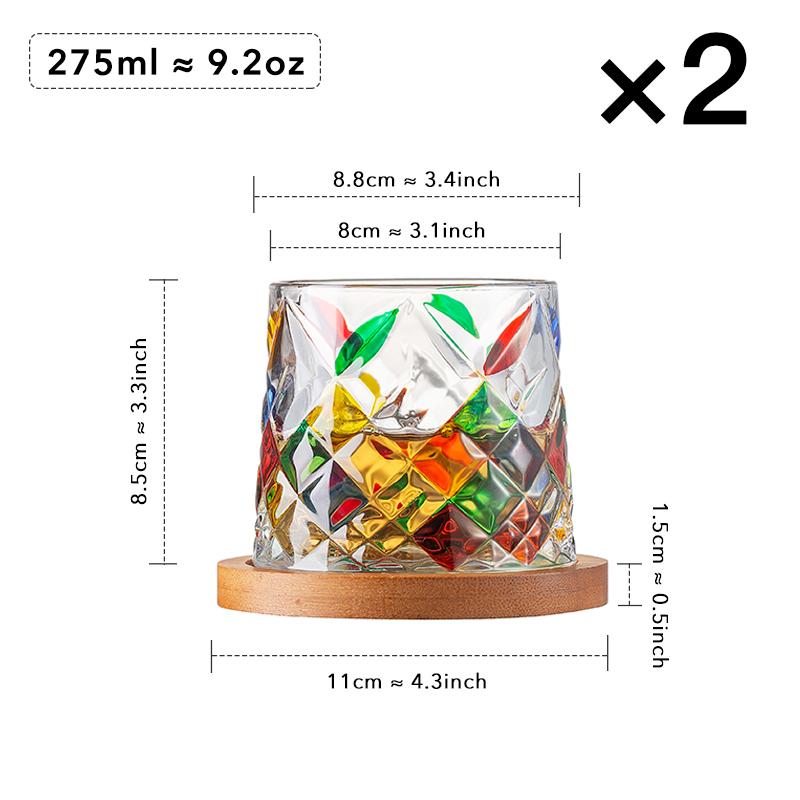 275ml Hand-Painted Spinning Whisky Glass with Gyro Base & Wood Rotating Coaster - Stress Relief Gift for Cocktail, Coffee, Tea,