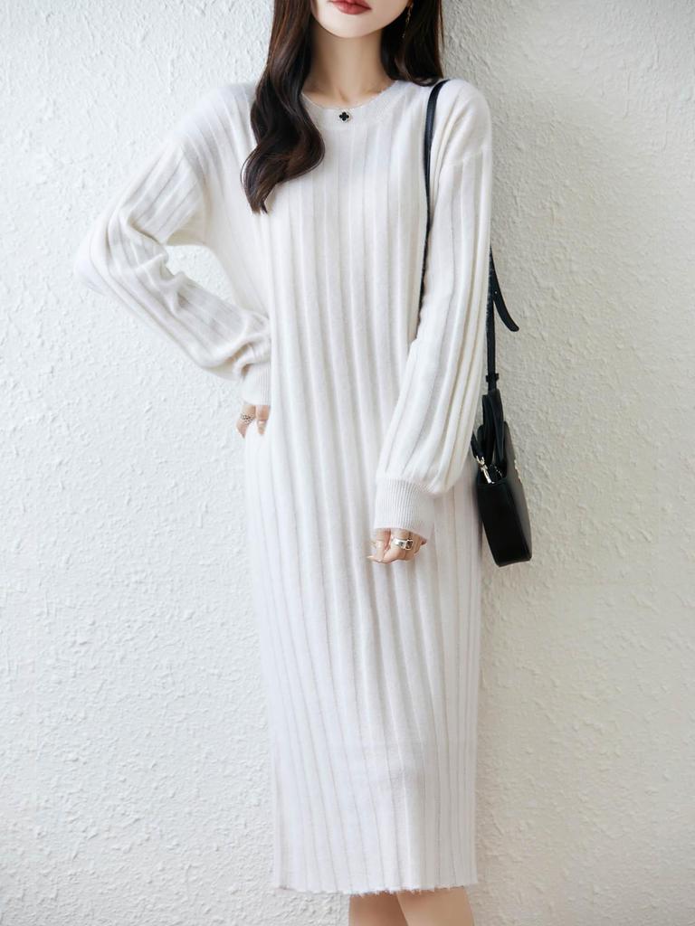 100% Pure Wool Slimming Women's Pullover Dress - Autumn/Winter, Round Neck, Lantern Sleeves, Over-Knee Length