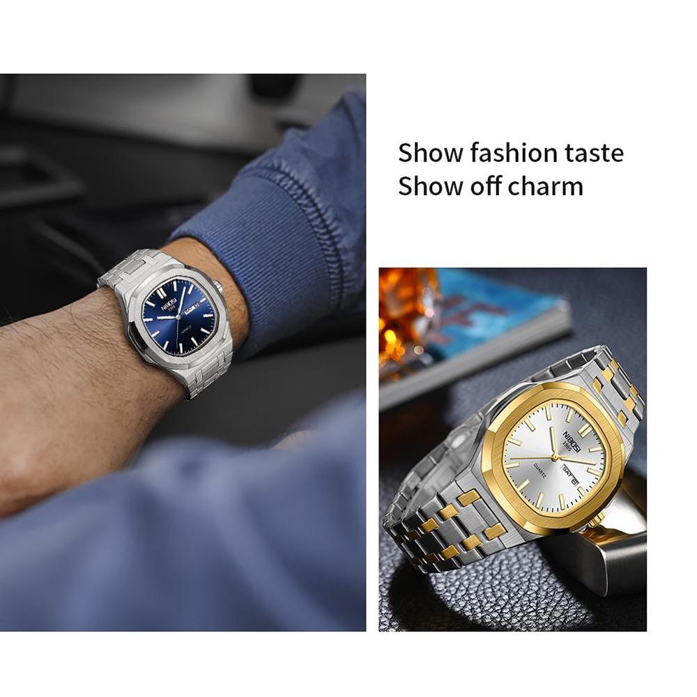 Waterproof Mens Square Quartz Watch Luminous Day Date Display Steel Strap Classic Casual Daily Wristwatch