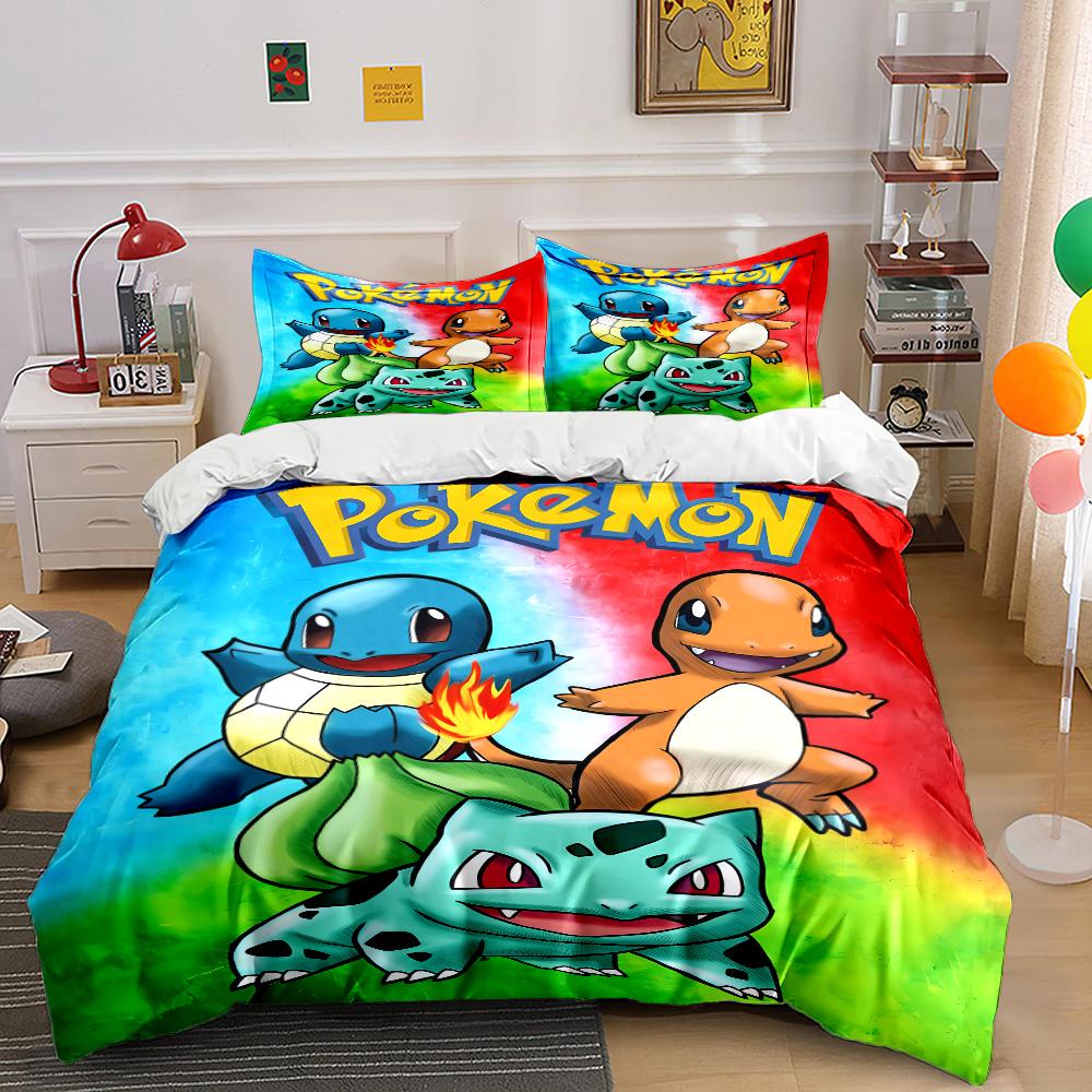 Japanese Anime Pokemon Squirtle Bedding Set Quilt 3 Pieces Duvet Cover King Queen Us Twin Size Bedclothes Kid Boy Girl Bed Decor