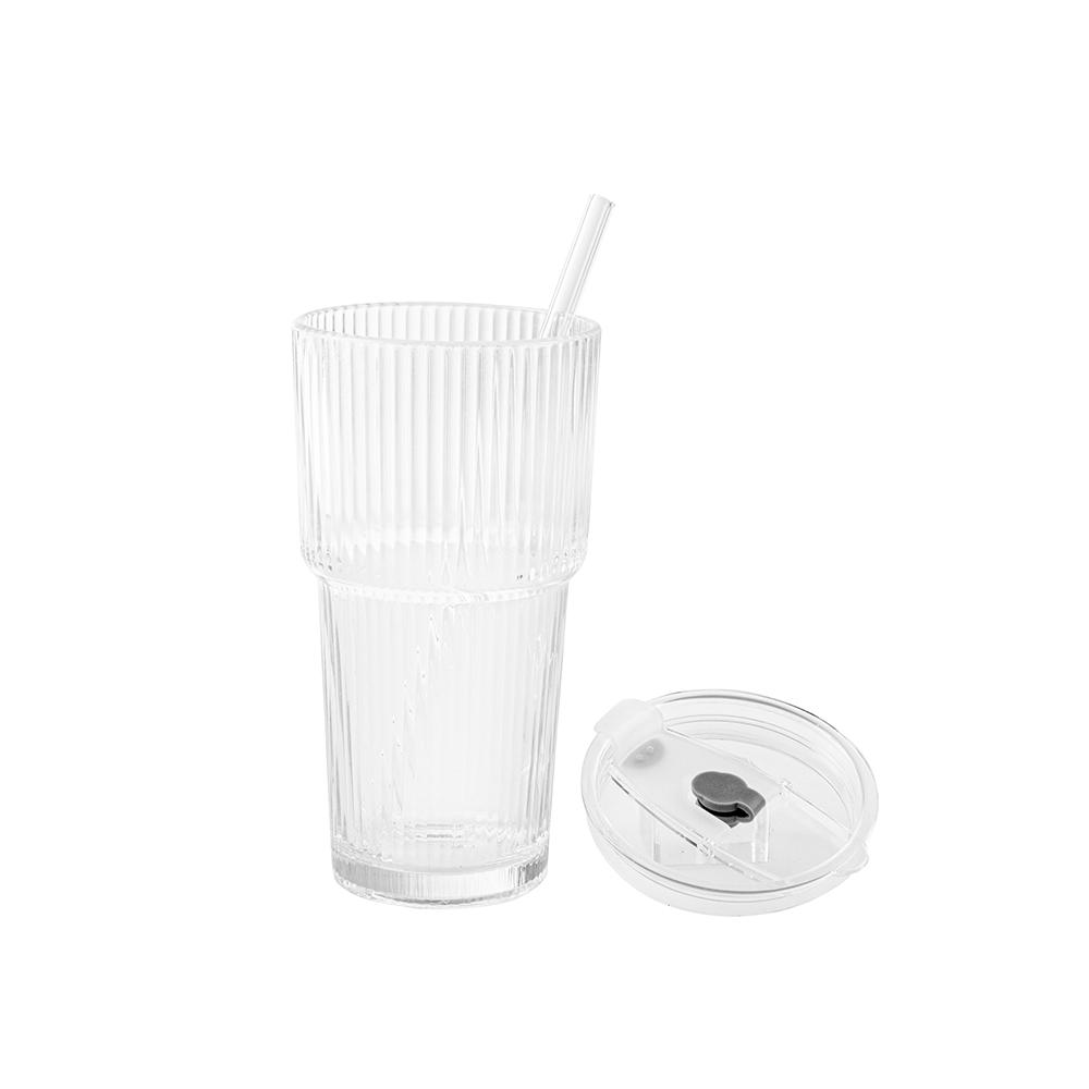 600ml Stripe Glass Cup Glass Tumbler with Lid & Straw Brush Tools Set for Juice Water and Iced Coffee Cups Mug Drinkware 600ml