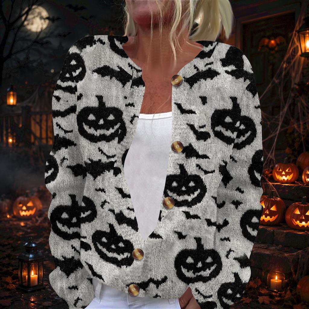 Women's Long Sleeve Knit Cardigan Button Up Sweater Lightweight Halloween Print Casual Open Front Top for Fall and Winter