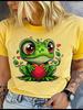 Unisex 100% Polyester Summer Top Cartoon heart-shaped frog Print Loose round Neck Short Sleeve Fashion for Lovers