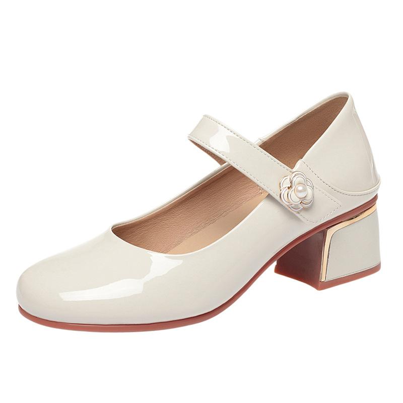 4cm British Style Shallow Mouth Breathable Bright Leather Shoes Mary Janes 2025 Spring Med Block Heels Shoes for Office Mom Work