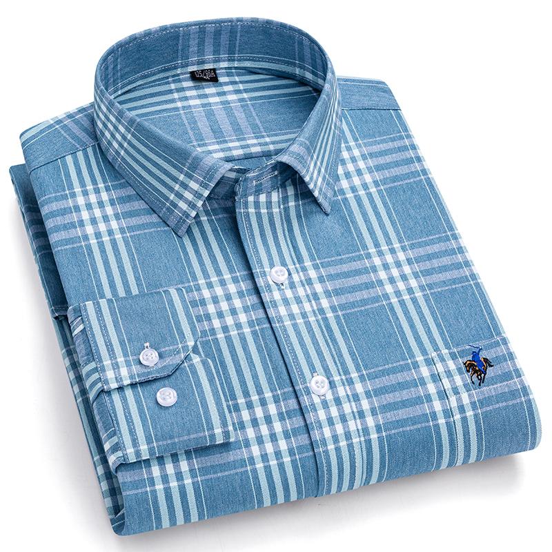 Pure Cotton Plaid Shirts for Men Logo Long Sleeve Quality Formal Business Man Shirt