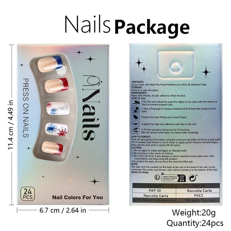 4th of July Press on Nail Square French Tip Fake Nail Independence False Nail with American Flag Star Stick on Nail