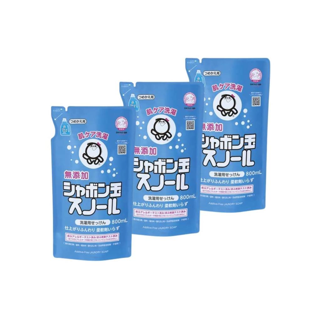 Set 3 refill bags Shabondama Snowru 800ml additive-free soap.