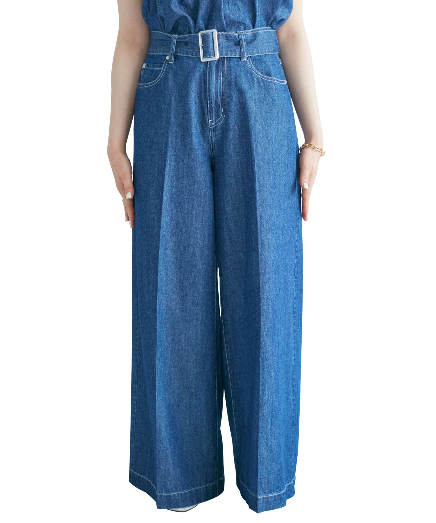 

Джинсы с центральной складкой и темно-синие, размер идеальный для [BIS] Широкие, с поясом, стирающиеся, (43), S, установка