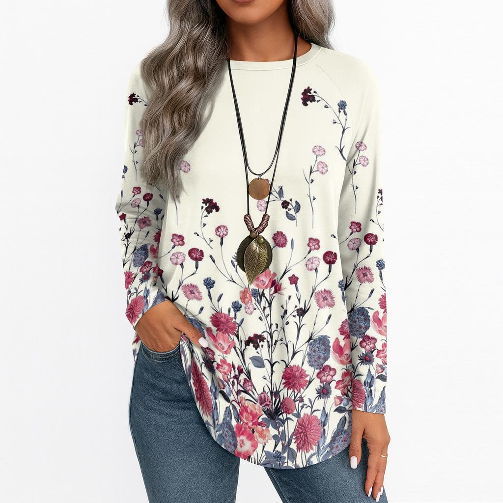 Women's Casual Plus SizeLong Sleeved Round Neck Vintage Ethnic Printing T-shirt Top Pullover