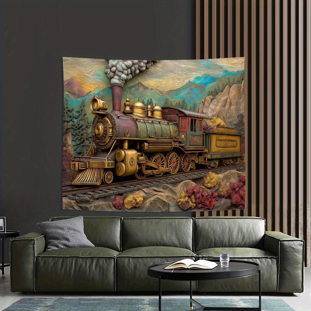 Gobelin ścienny 3D w stylu vintage z pociągiem parowym, poliester, 1 szt., dekoracja domu i biura, dekoracja salonu, sypialni, na imprezę, bez piór