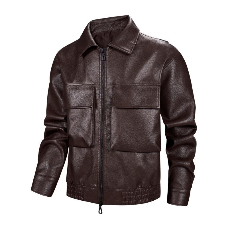 Lapel Leather Jacket for Spring and Autumn Men's Lychee Pattern PU Leather Jacket Retro Workwear Multi-pocket Jacket