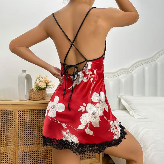 Women Summer Nightdress Lace-up Spaghetti Strap Silky Satin Backless Sleeveless Floral Leopard Print