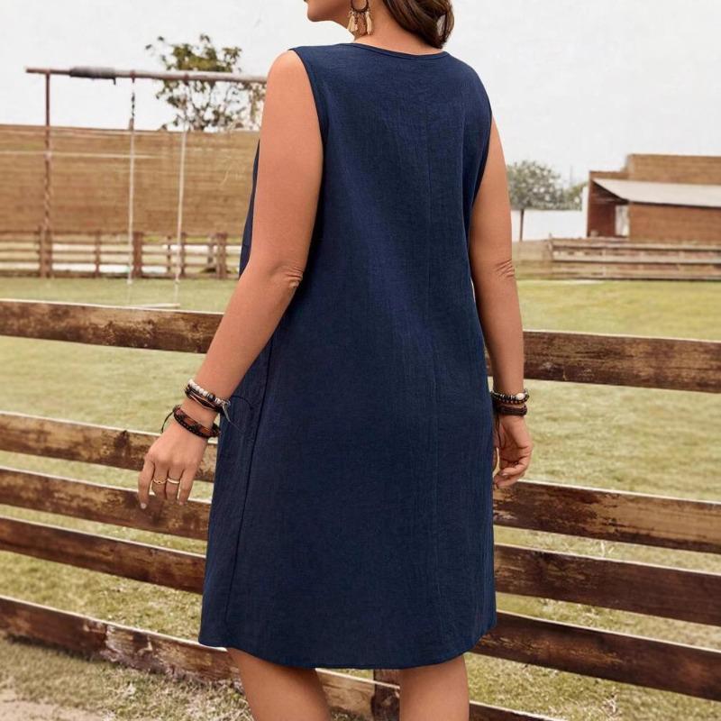 Spring Sleeveless Round Neck Casual Dress Women Summer Solid Fashion Cotton and Linen Loose Women's Dresses Elegant A Line Slim Vintage Dress 26471