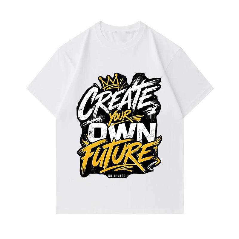 Men's 100% Cotton Crew Neck Short Sleeve T-Shirt, Create Your Own Future Graffiti Crown Print Casual Comfortable Summer Tee for Daily Wear