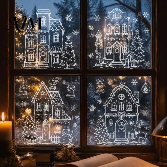 Static Window Decals 4Pcs Christmas Town House Stickers, Removable Snowflake Glass Home Ornaments Decals, Reusable PVC Clings for Holiday Party Decor