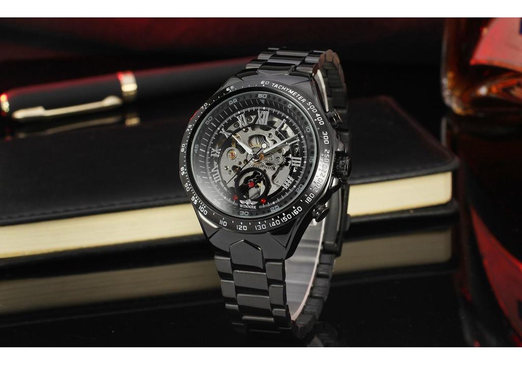 T-WINNER 8067 Men's Skeleton Automatic Mechanical Watch with Transparent Back – Business Style