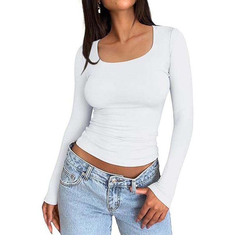 

Solid Color Square Neck Long Sleeved Top Women s Pure Color Square Collar Long Sleeve Tops White L