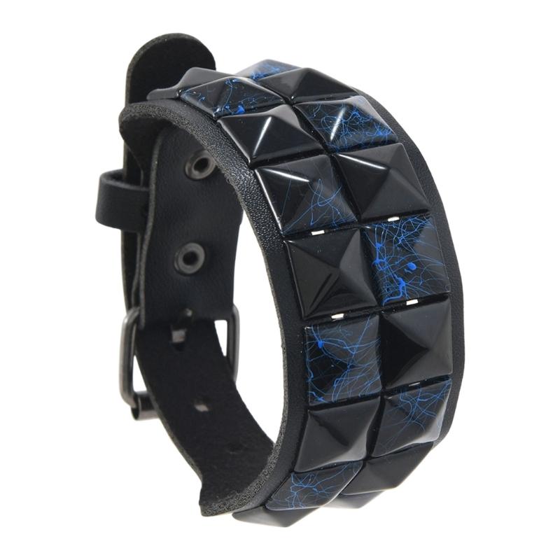 Studded Cuff Bracelet Double Row Square Studs Adjustable Closure PU Strap Punk Wrist Bangle for Concert Streetwear