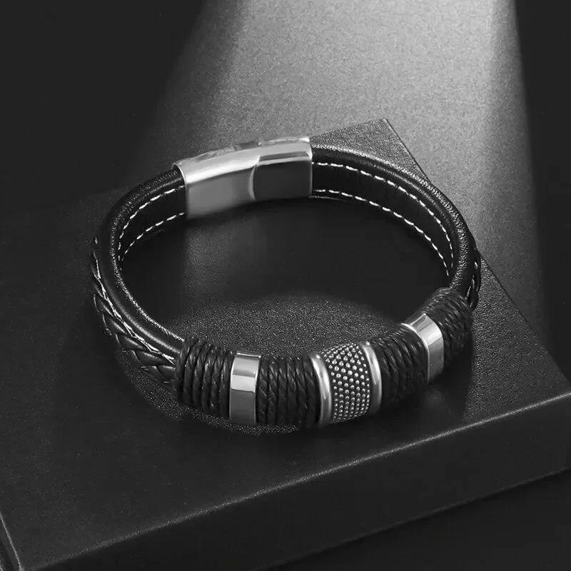 Hochwertiges handgeflochtenes Leder Edelstahl Magnetverschluss Armband Herren Charme Mode Lässiger Schmuck Geschenk