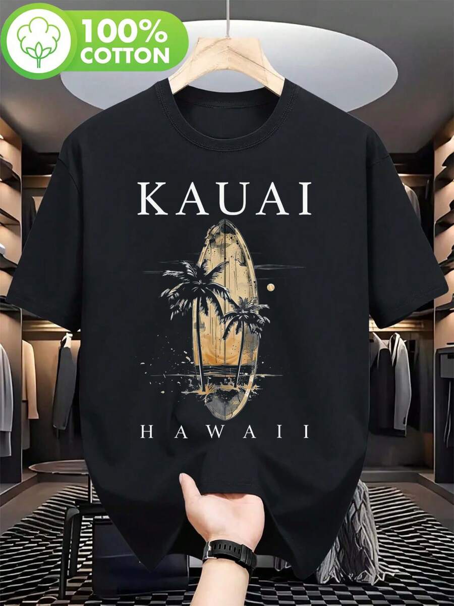 Unisex s Vintage Hawaiian Surf Shirt - Heavyweight Tee With Tropical Palm Tree, Sun & Island Design M