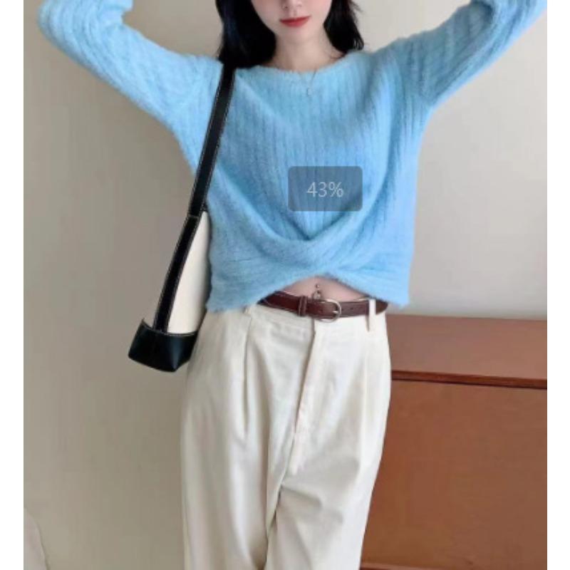 Autumn and winter new fashion kink crew neck knitted pullover sweater women's versatile solid color sweet and thin knitted top women