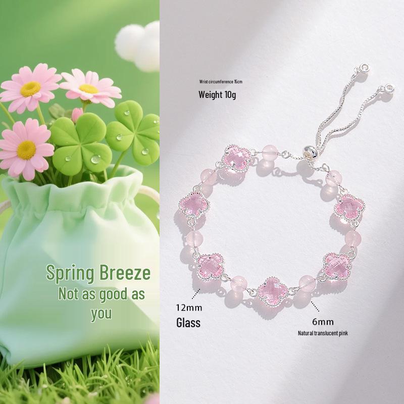Lucky Clover Amethyst & Rose Quartz Women's Bracelet - Four-Leaf Clover Light Luxury Fashion Jewelry.