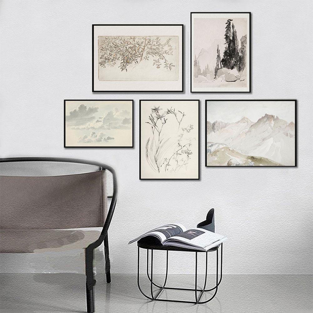 Vintage Neutral Tone Poster Watercolor Sketches Art Print French Country Canvas Oil Painting Wall Picture Living Room Home Decor