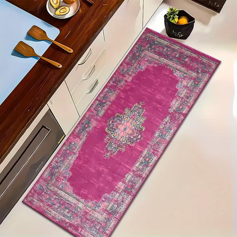 

Luxury Fuchsia Persian Medallion Runner Rug, Artistic Distressed Pink Boho Kitchen Mat, Soft Washable Non-Slip Hallway Entrance 40x120cm