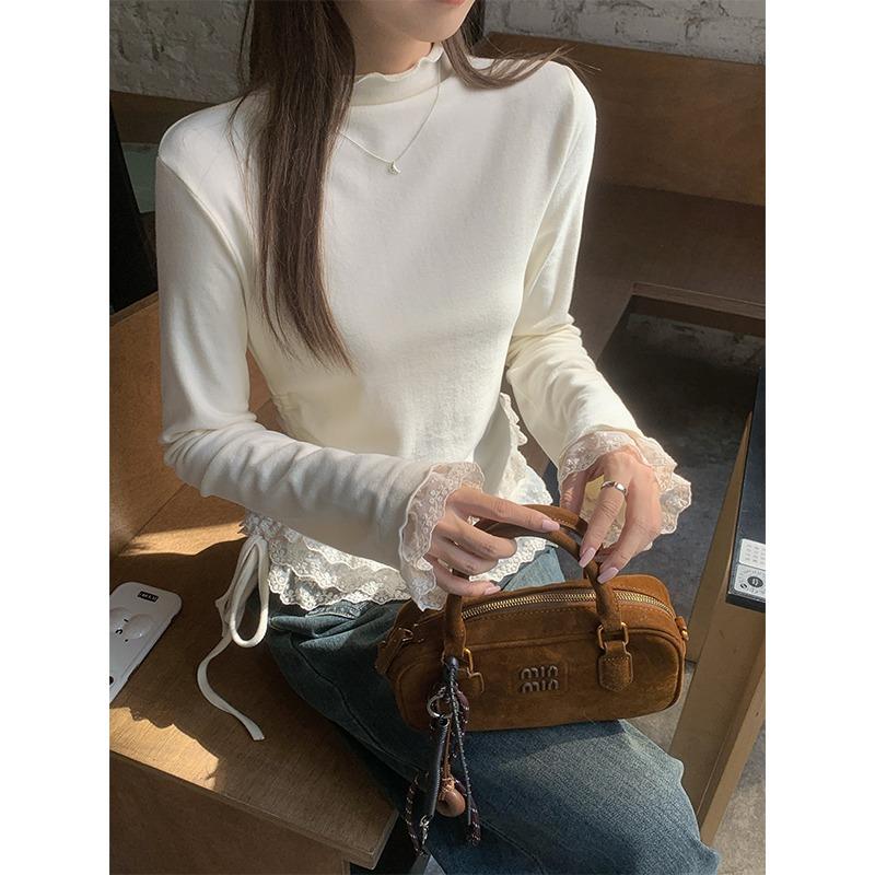 Autumn Long Sleeve Lace Fungus Base Women's Casual T-shirt Fashion Winter Long Sleeve Warm Tshirts Woman Stand Simple Slim Fit Ladies Tee Tops 25799