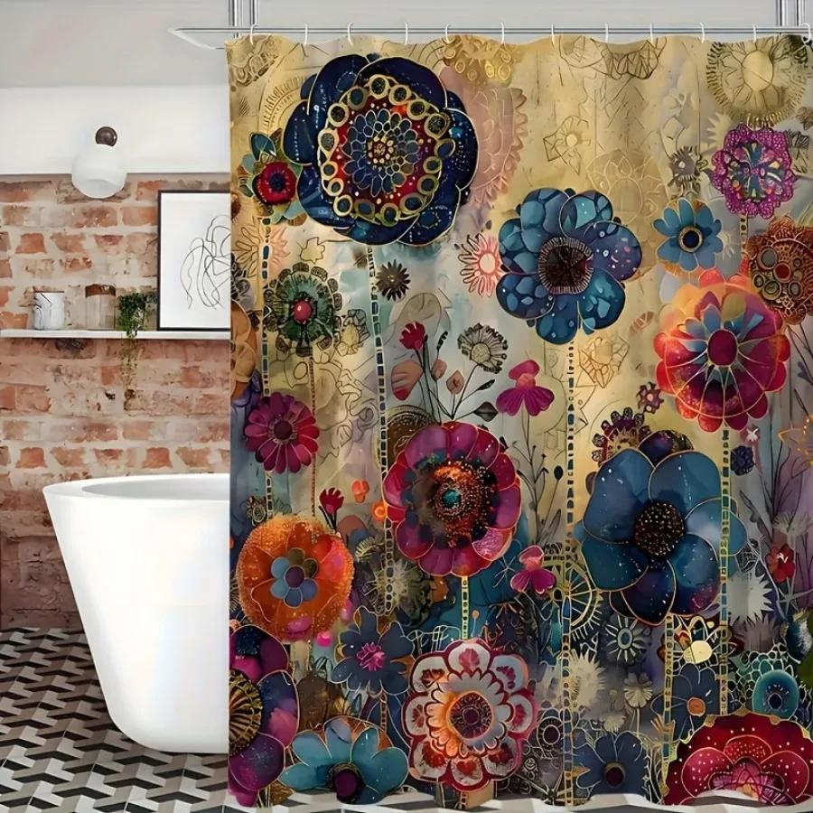 Vintage Mandala Green Plants & Floral Shower Curtain - Waterproof Polyester, 12 Hooks, Machine Washable, Artistic Flower Design