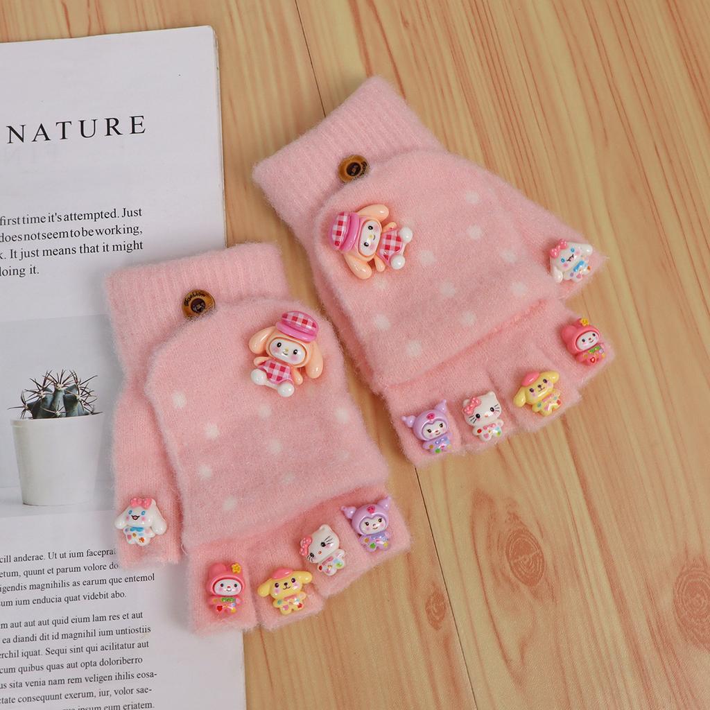 Children's gloves girl-year-old cartoon cute half-finger flip to keep warm knitted wool Nantong thickened to keep warm
