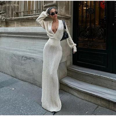 Elegantní pletené maxi šaty pro ženy, letní dlouhý rukáv, výstřih do V, duté dlouhé šaty, dámské elegantní večerní párty, plážové šaty