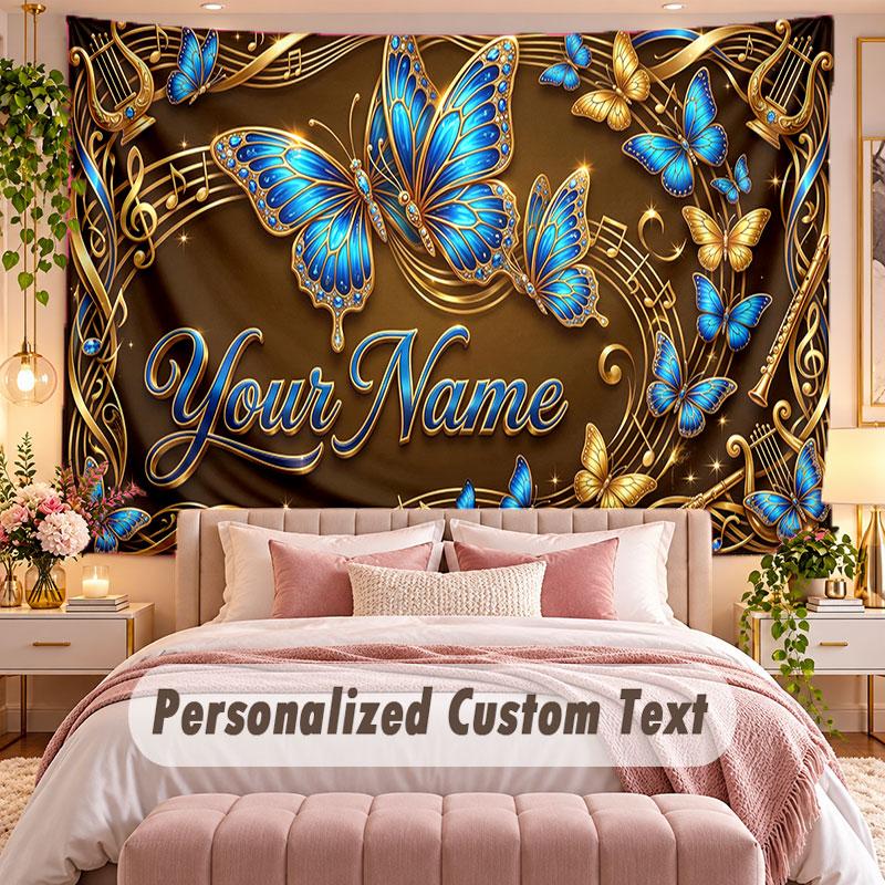 Butterfly (1) Theme Wall Tapestry Customized With Name Text Personalized Hanging Tapestry For Bedroom Living Room Decor