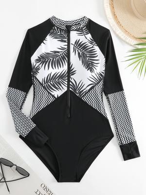 Women's Swimsuit Long Sleeve Surfing Suit Zipper Style Swimsuit One-piece Swimsuit  Printed  Bikini