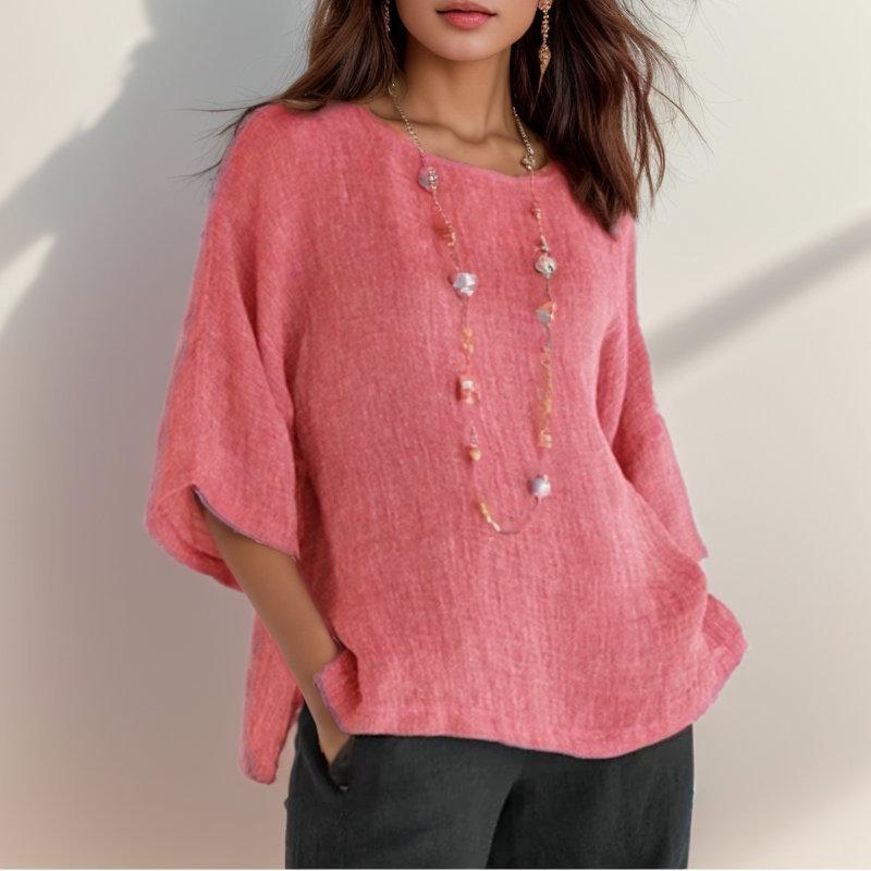 Women's Retro Cotton Linen Seven-Sleeve Shirt - Round Neck Top