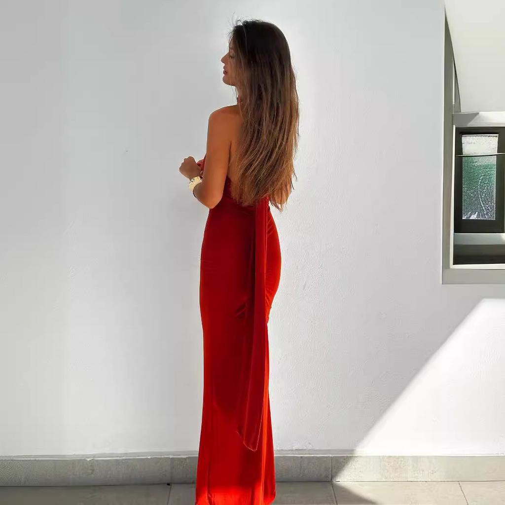 Women's Summer Temperament Oblique Shoulder Sexy Slim Backless Strap Long Dress