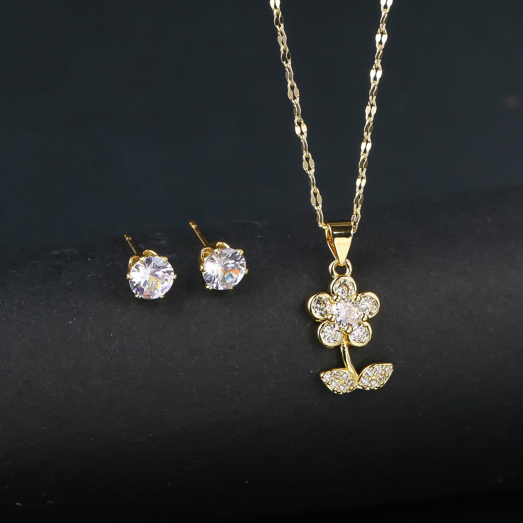 2pcs Sparkling Crystals Botanical Sunflower Necklace Earrings Zircon Set for Woman New Fashion Casual Party Zircon GirlGift