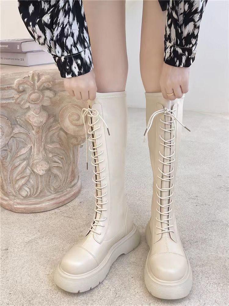 Boots Women's Knight Boots 2025 Autumn and Winter New White Platform Boots Thick Legs Lace-Up Tall Martin Boots