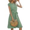 Women Polka Dot Print Midi Dress Crewneck Short Sleeve A-line Dress with Belt Summer