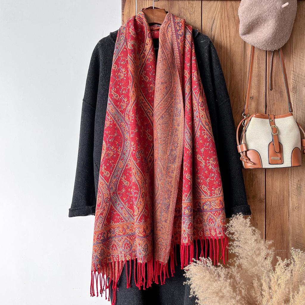 Classic Ethnic Style Popular Cashew Jacquard Fringed Long Scarf Women'S Water Ripple Imitation Cashmere Scarf Going Out Elegant Shawl
