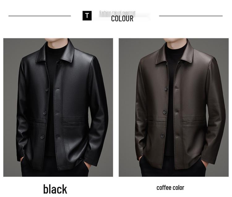 Men's Mid-Length Fleece-Lined Leather Jacket with Turn-Down Collar, Plus Size, Casual Coat