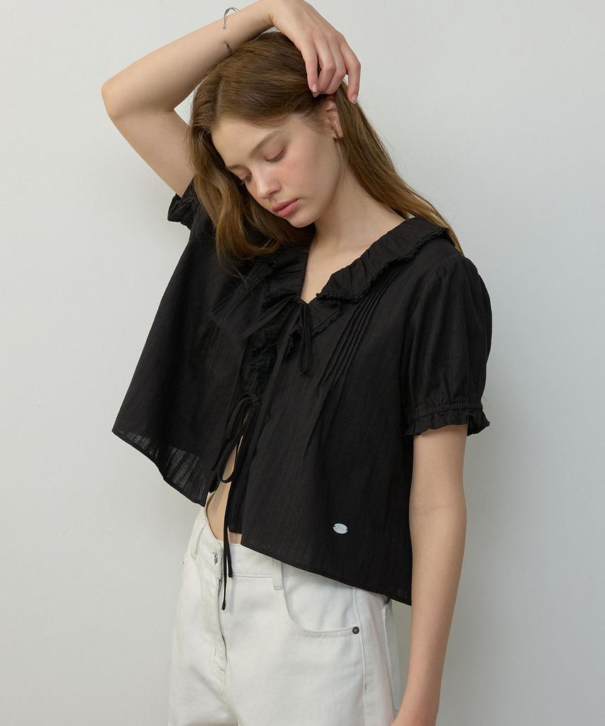 CITYBREEZE Frill V-Neck Short Sleeve Blouse_Black