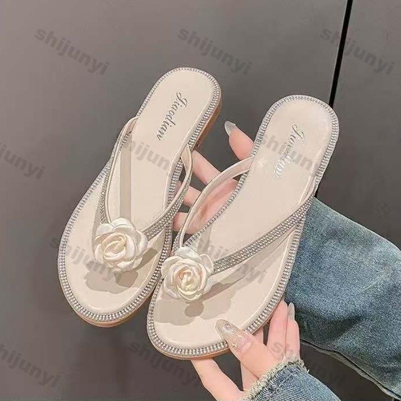 Fashion Women's Flip Flops 2025 Summer Outdoor Flat Fashion Rhinestone Flower Beach Shoes Soft Sole Lightweight Comfortable Casual Shoes