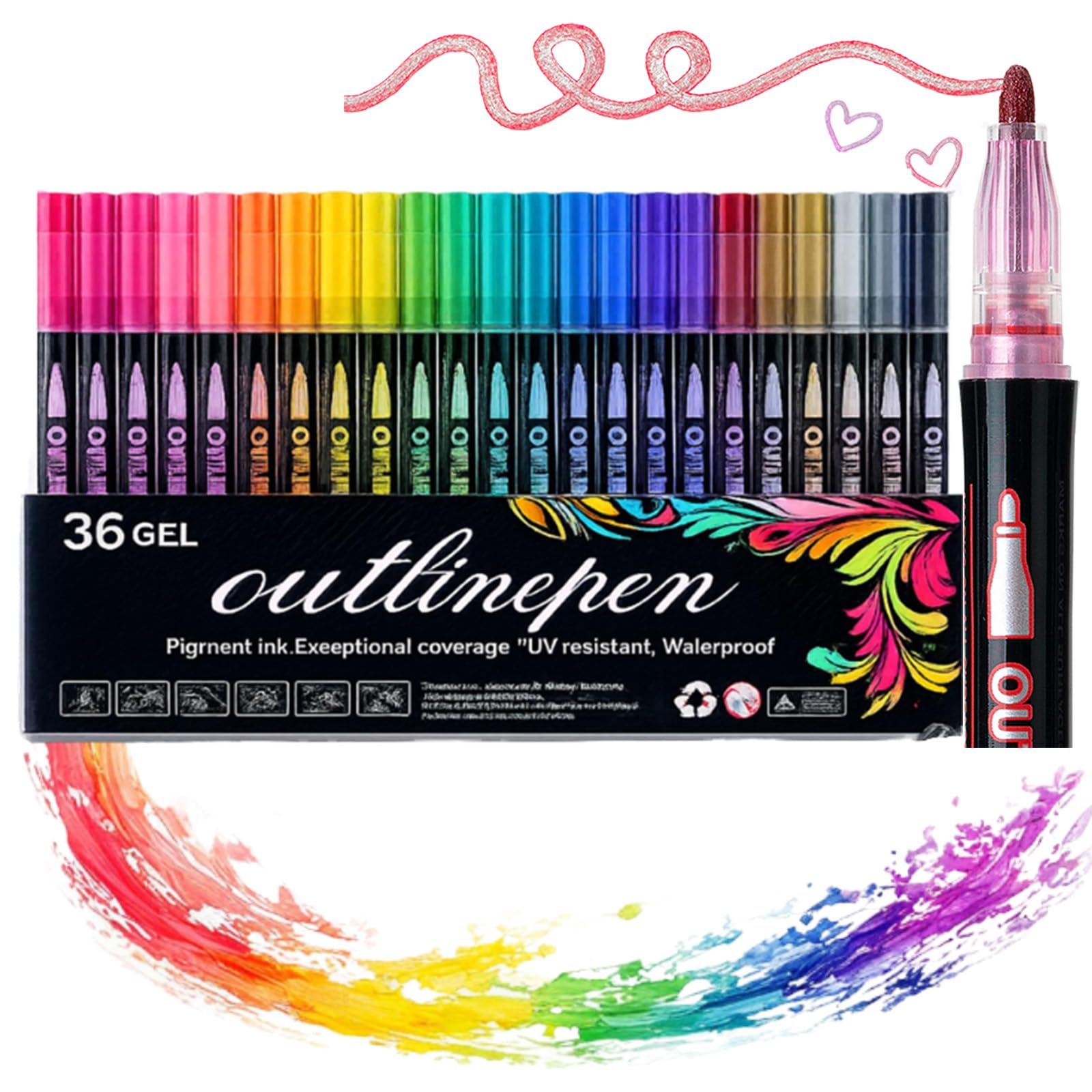 Dreamy Shiny Double-Line Outline Marker Set 36 Colors Glitter Highlighter Pen Outline Pen Double-Line Marker (36 colors, 1 set) Pack of 1