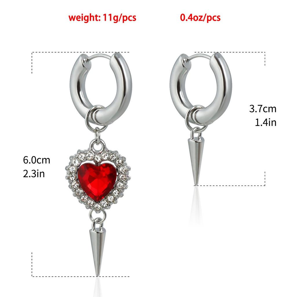 Punk Silvery Asymmetric Creativity Fashion Red Zircon Heart Hoop Earrings Party Birthday Lover Jewelry Accessories Party Gifts