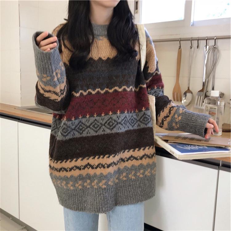Women's Round Neck Pullover Sweater – Korean Style Retro Long Sleeve Jacket, Autumn/Winter 2020, Loose Fit.