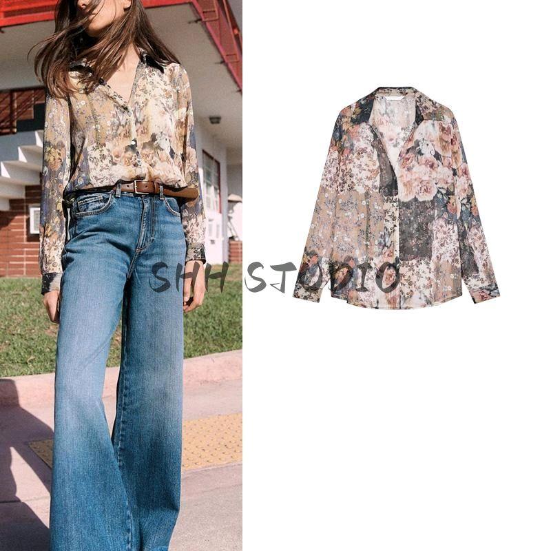 Spring New Women clothes Holiday Style Metal Color Line Print Fashion Long sleeve Lapel Shirts 2445117