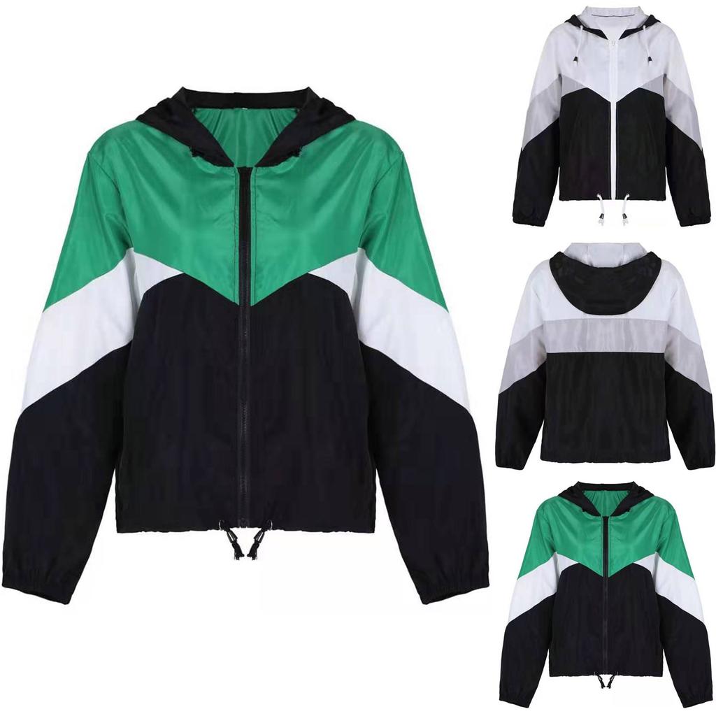 Womens  Long-sleeved Hooded Zipper  Stitching Contrast Color Windbreaker Coat