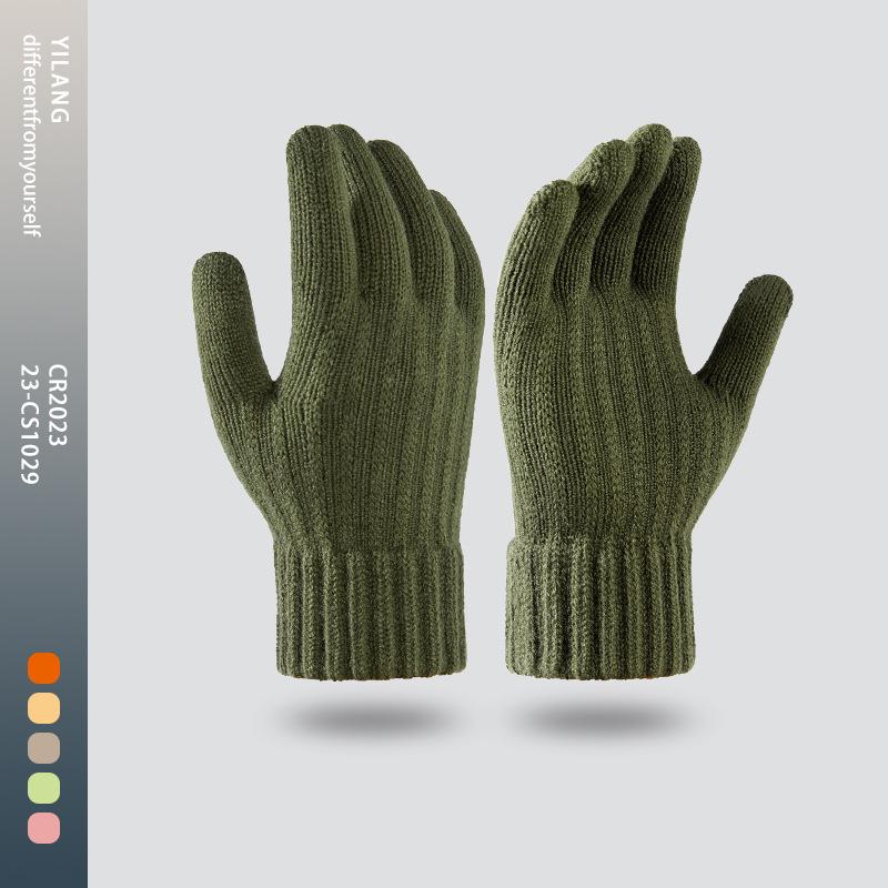 New Warm Men's Knitted Gloves for Cold Protection and Velvet Solid Color Finger Divided Touch Screen Gloves