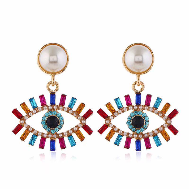 

European and American Fashion Exaggerated Fan-Shaped Rhinestone Devil s Eye Metal Earrings